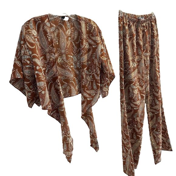 Y2K Two Piece Set Brown Palisades Paisley High Rise Pants + Top Windsor Boho 2pc - Picture 8 of 15